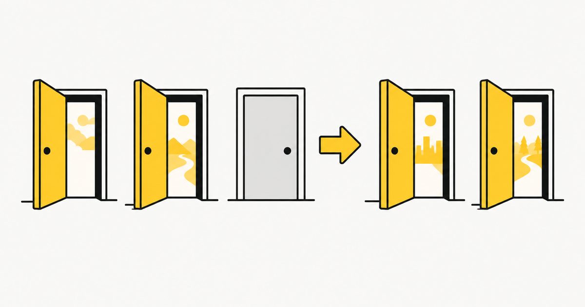 Doors numbered with HTTP status codes, some open, one redirecting to another