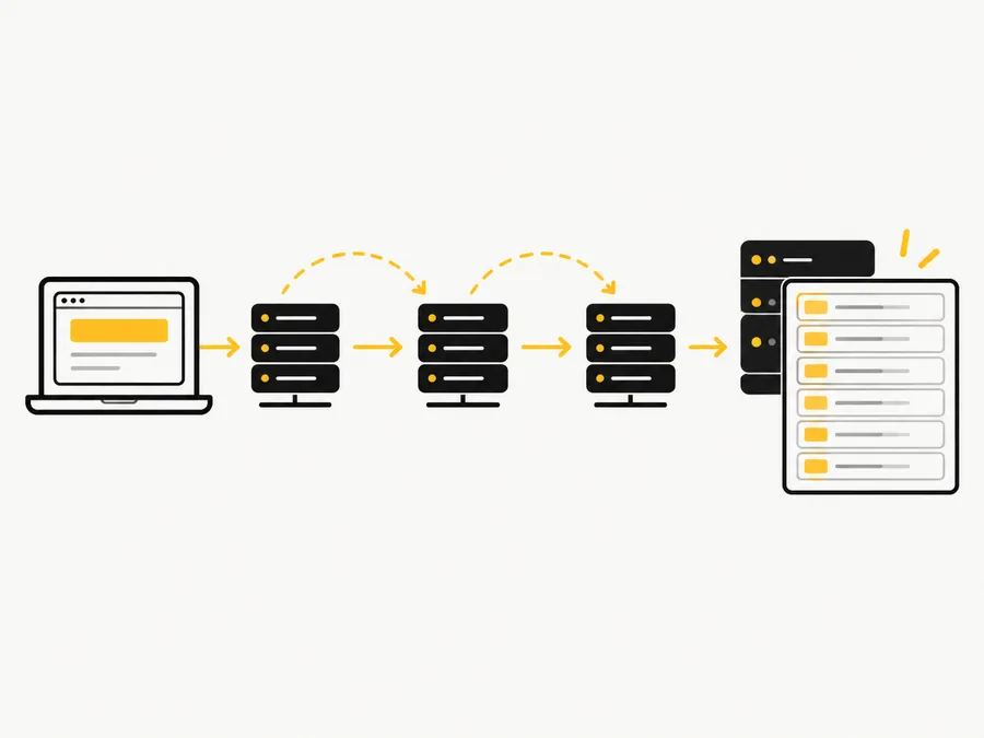 A request travelling through redirect hops to a server that answers with a stack of headers